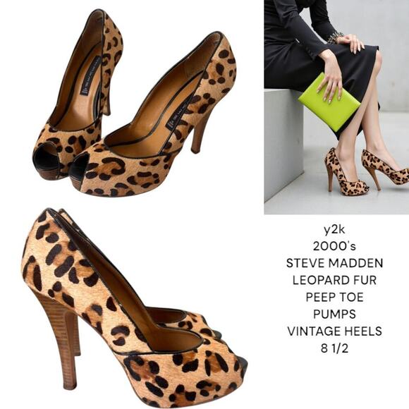 Y2K VTG. STEVE MADDEN LEOPARD FUR PEEP TOE HIGH HEELS PUMPS SIZE 8 1/2. - Picture 1 of 8